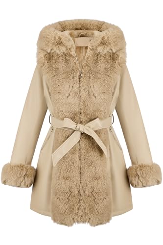 RISISSIDA Women Fur Lined Faux Leather Jacket Winter Coat
